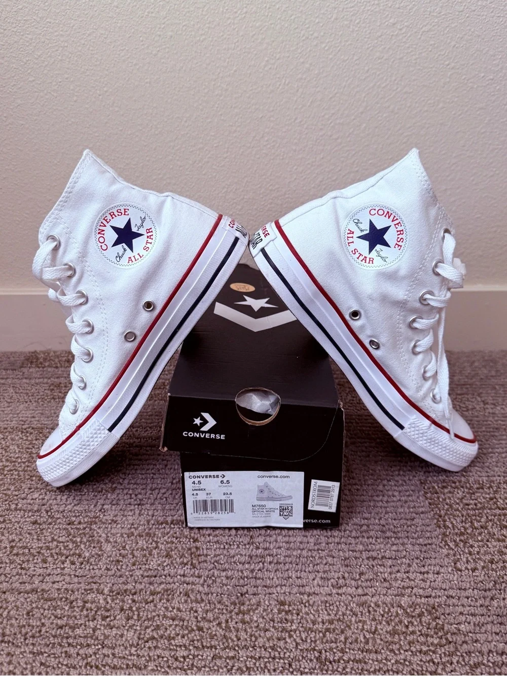 Converse All Star High Top Sneakers in White with Red & Navy Accents - Picture 4 of 8